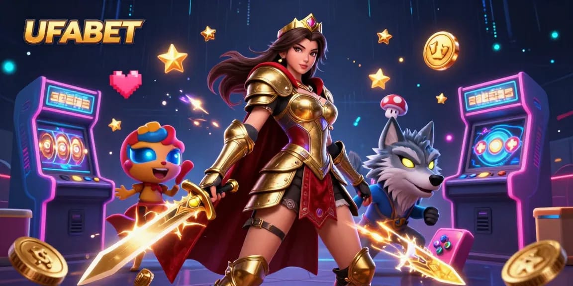 Experience thrilling UFABET online slots with a warrior queen and her glowing companion in a magical casino.