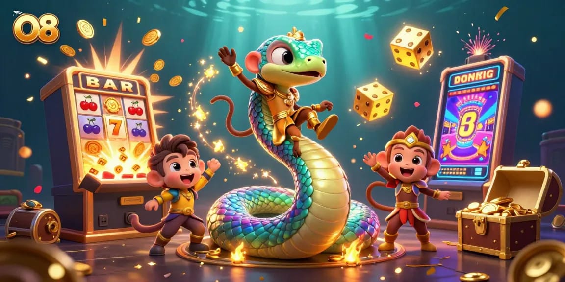 Experience the excitement of O8 with vibrant casino games and dynamic visuals in an engaging digital illustration.