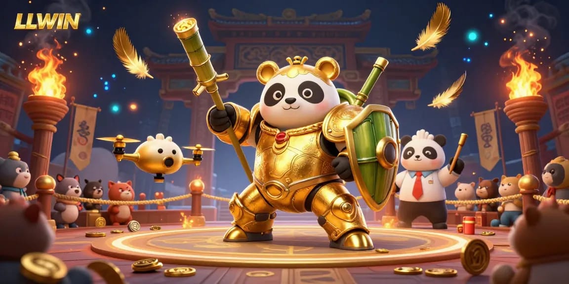 Engage in thrilling games at LLWIN in a dynamic 3D illustration featuring a golden panda in a mech-suit.