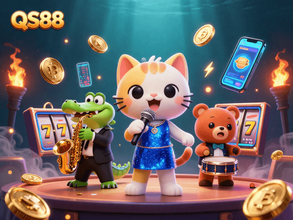 Experience thrilling gaming at QS88 with our vibrant casino illustration featuring unique characters.