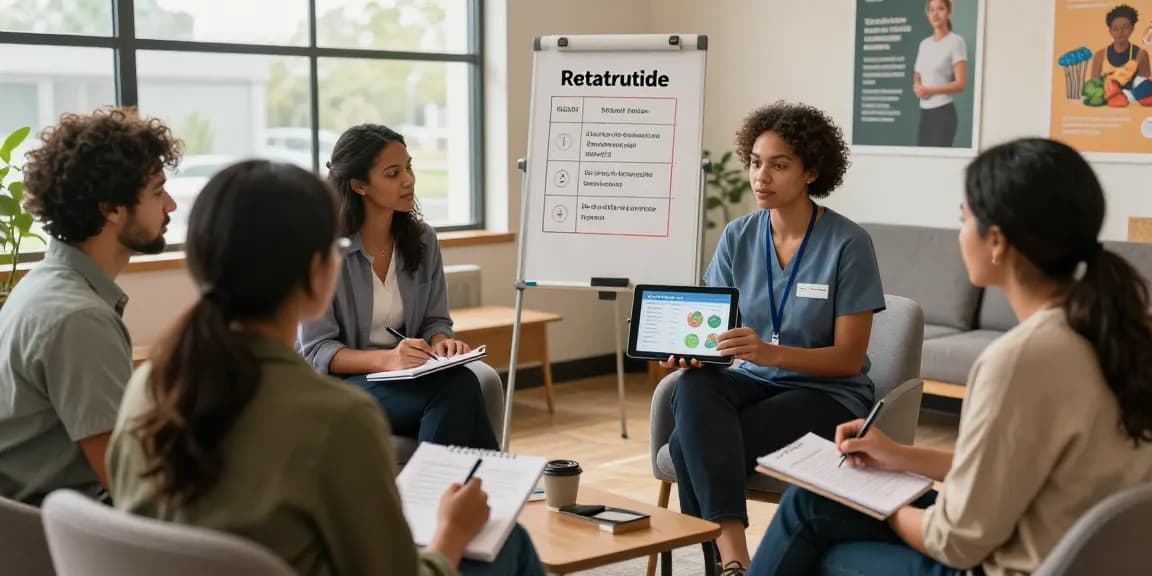 Engaging health discussion on retatrutide for sale in a wellness community setting.