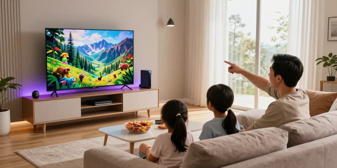 Family enjoying an engaging nature documentary on a mini LED TV in a cozy living room.