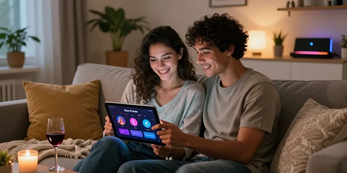 Couple engaging with a sex AI app on a tablet in a cozy home setting