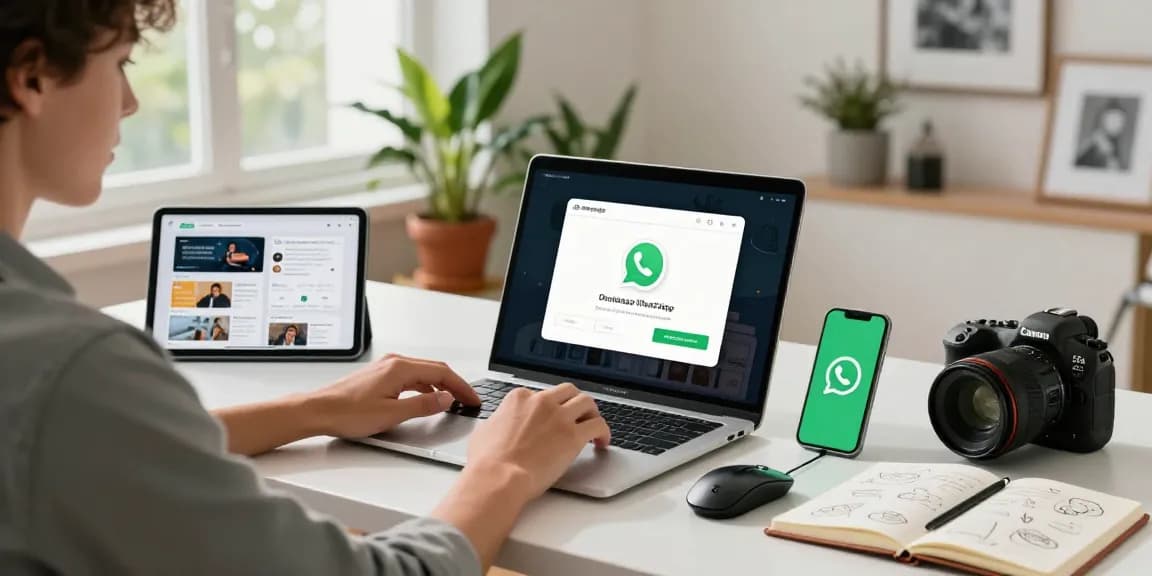 Person downloading WhatsApp下載 in a modern tech workspace, showcasing productivity and connectivity.