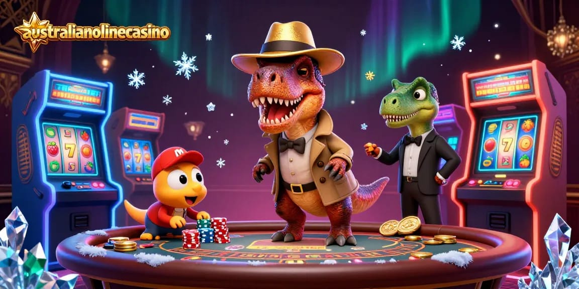 Experience the excitement of australianonlinecasino with 3D velociraptor and friends at the blackjack table.