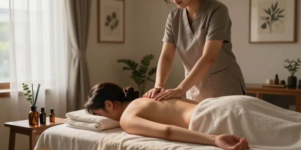 Experience 부천출장마사지 with a tranquil home massage scene highlighting relaxation and professional therapy.