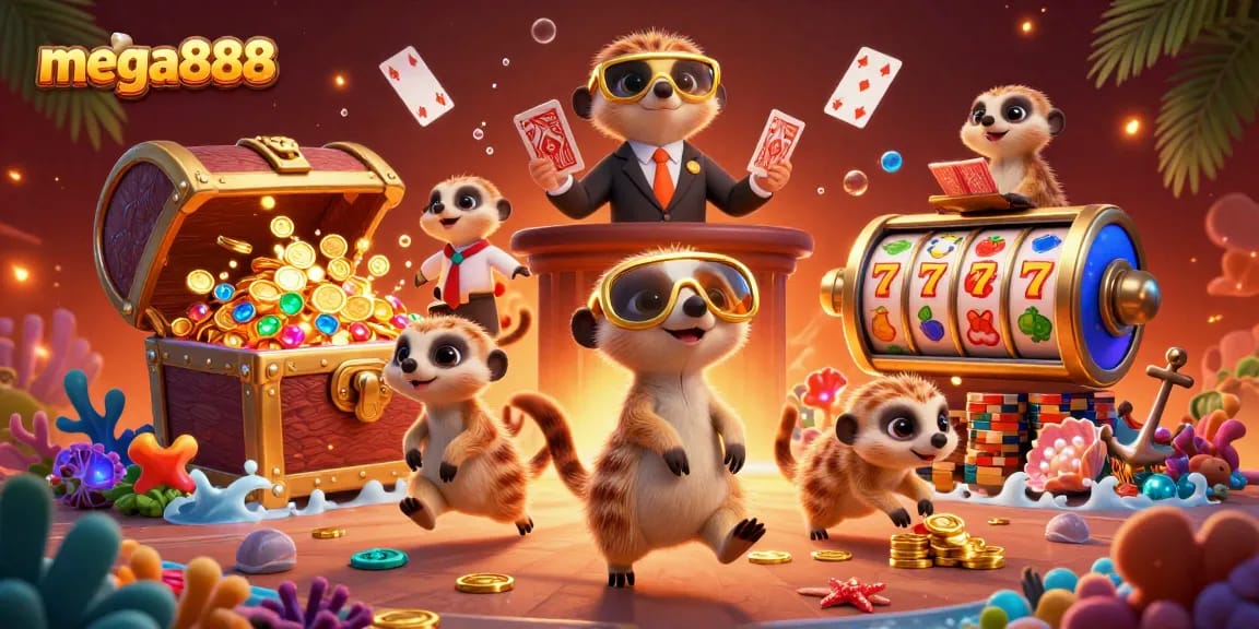 Experience the mega888 excitement with a vibrant meerkat casino scene featuring slots and treasures.
