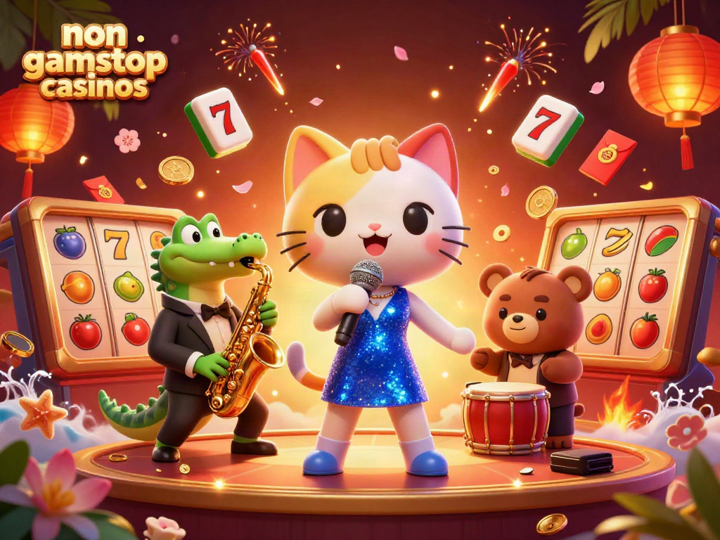 Experience the vibrant atmosphere of non gamstop casinos with lively characters performing surrounded by sparkling slot reels and festive elements.
