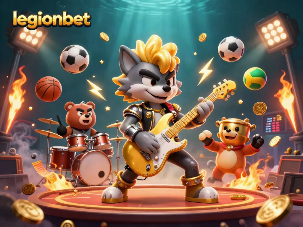 Engage with legionbet's thrilling atmosphere as a wolf rock star rocks out on stage.