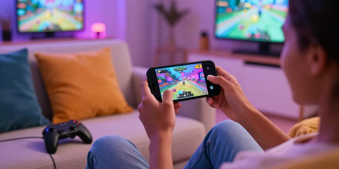 Engaging mobile porn game experience on smartphone in vibrant gaming setup.