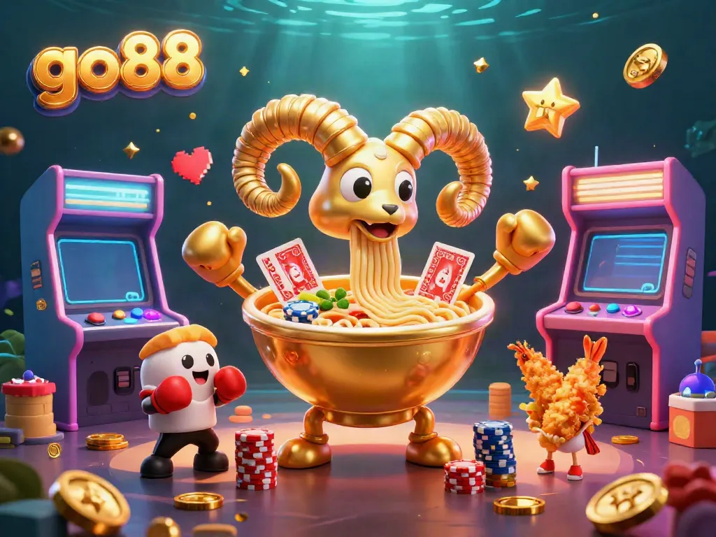 Engage with the vibrant go88 cartoon scene featuring a giant ramen bowl dealer amidst floating arcade games and cheering food characters.