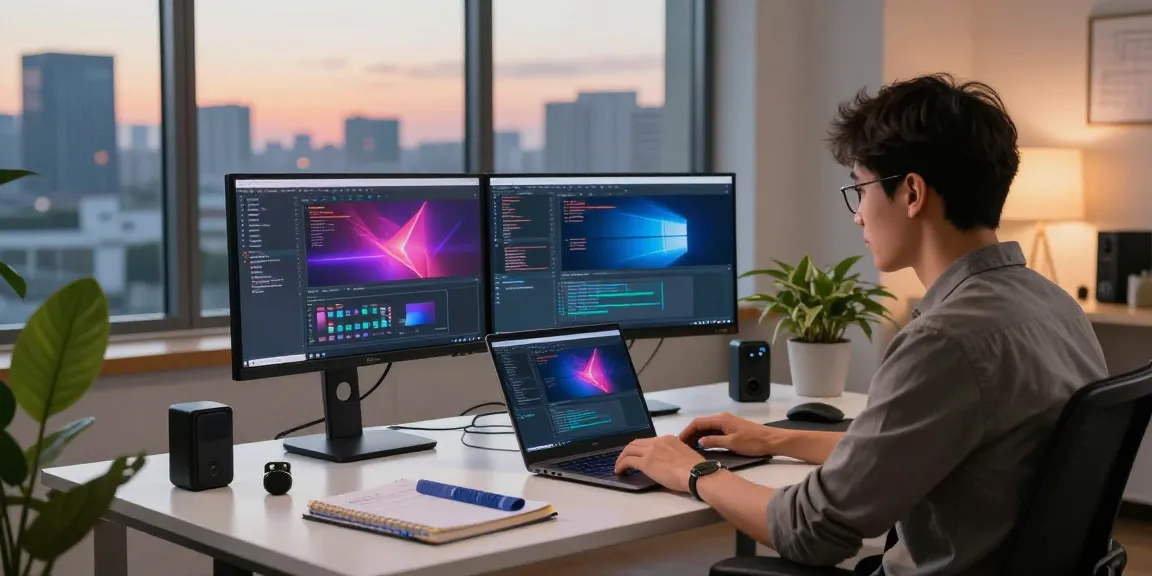 Developer coding at https://789win11.org/ with dual monitors in a vibrant office, showcasing tech creativity.