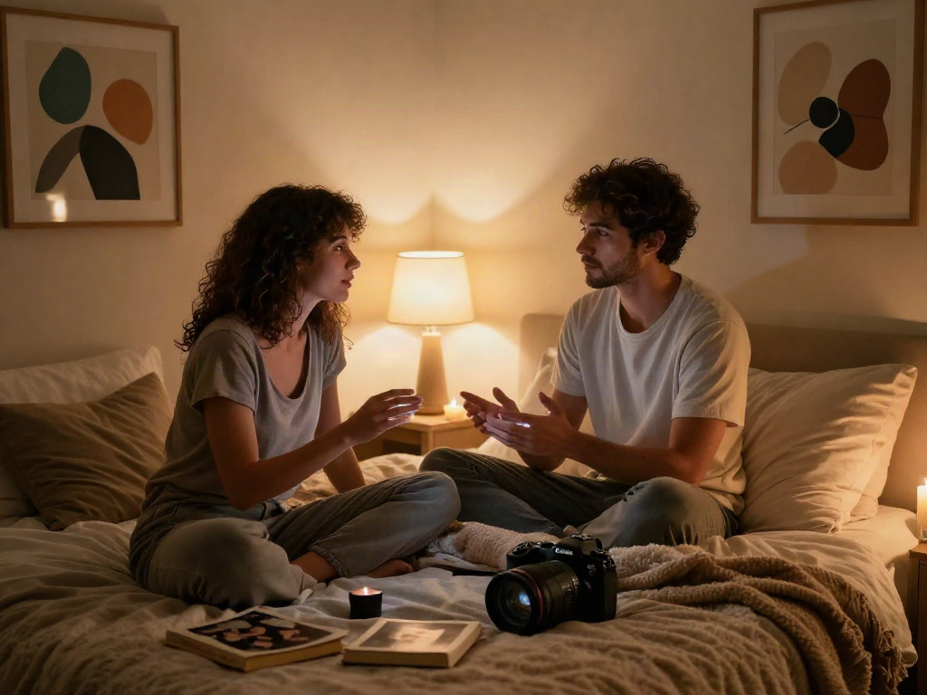 Intimate bedroom moment with couple discussing sex AI, warm ambiance, personal touches.