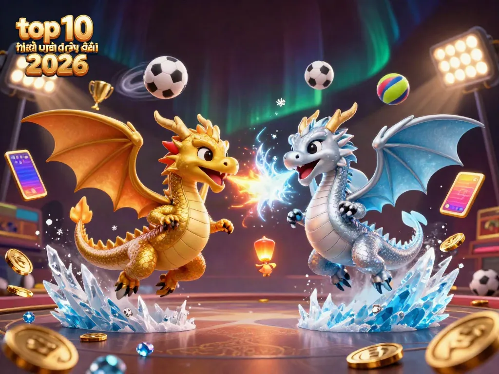 Explore the vibrant scene of top 10 nhà cái uy tín hàng đầu 2026 featuring dynamic dragons and sports elements.