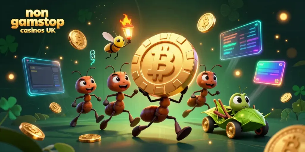 Ants on a heist with a giant poker chip representing non gamstop casinos UK.