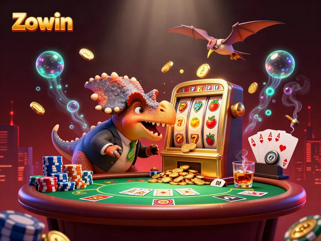 Zowin’s vibrant 3D cartoon scene depicts a pachycephalosaurus winning jackpot coins at a slot machine surrounded by dynamic casino elements.