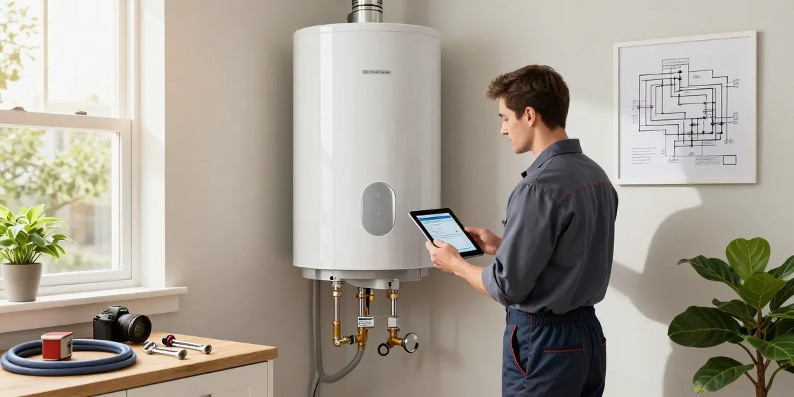 Water heater repair Fort Worth technician diagnosing a home water heater in bright residential setting.