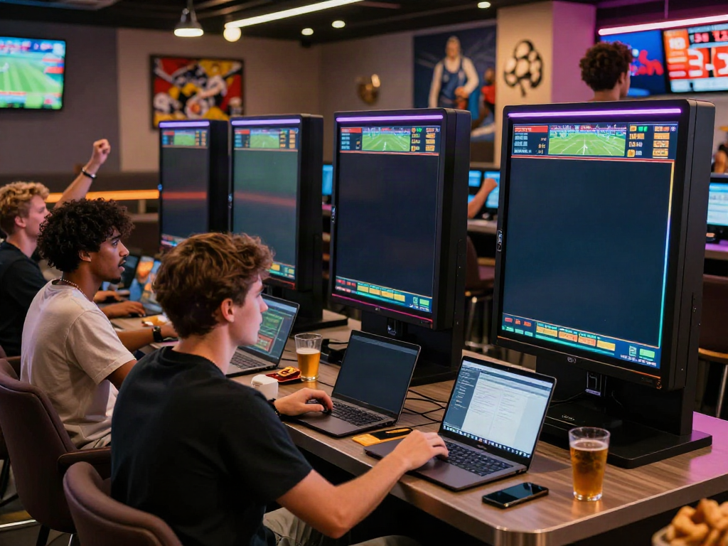 SIN88 nhà cái – Exciting sports betting scene with players engaging in a vibrant betting lounge filled with live screens and sports memorabilia.