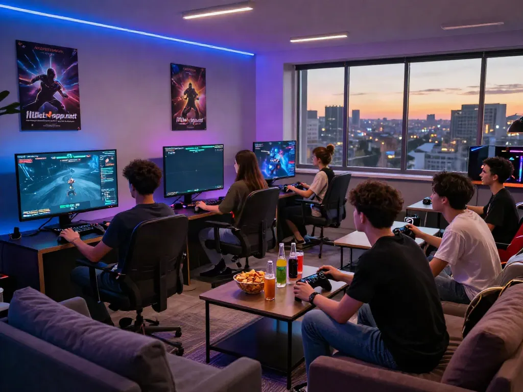 Friends enjoying a multiplayer gaming session at http://11bet-app.net/ in a vibrant lounge.