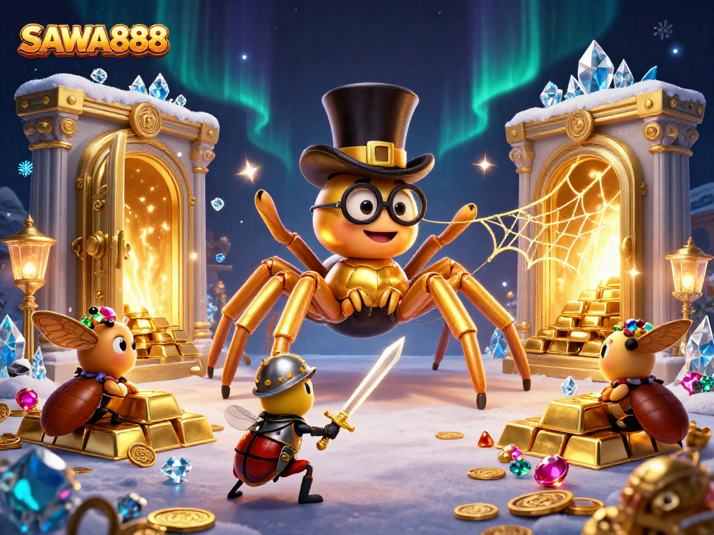 Engage with SAWA888's lively gaming scene featuring characters in a colorful casino.