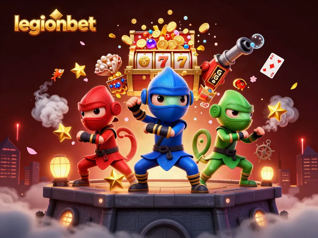 Experience the thrill of legionbet with a vibrant, action-packed casino scene featuring ninja chameleons and slot elements.