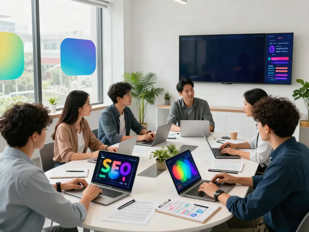 Collaborative team strategizing on instant indexing SEO techniques in a modern workspace.