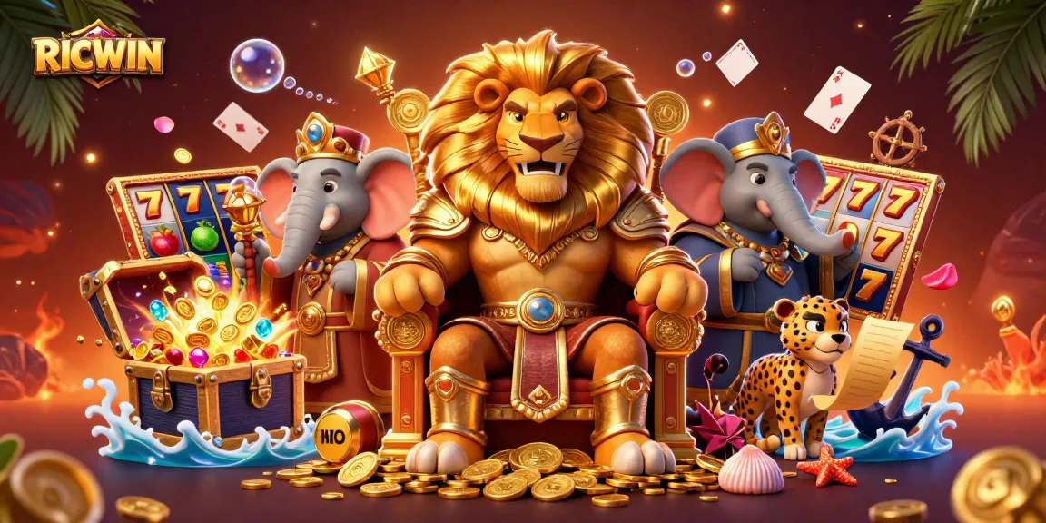 Engage with RICWIN's exhilarating slots adventure featuring a lion king and vibrant casino elements.