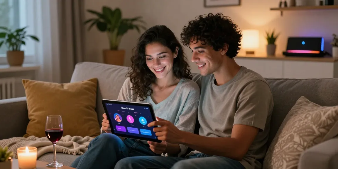 Couple engaging with a sex AI app on a tablet in a cozy home setting