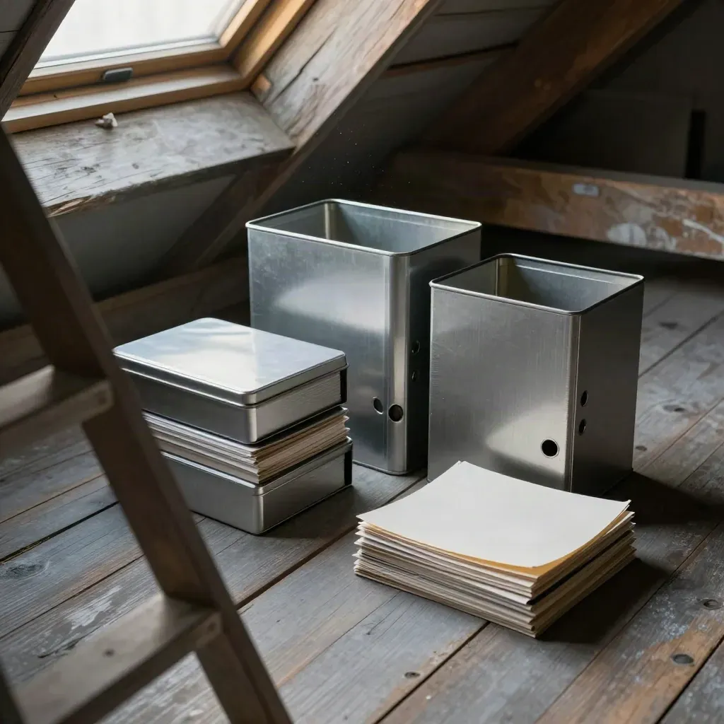 Archive tins and a binder on attic floorboards under skylight, top-down financial records scene.