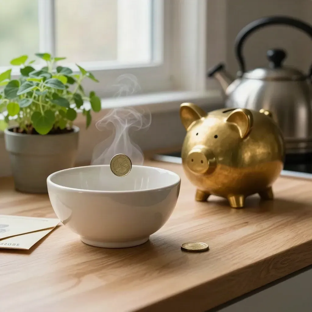 Coin bowl, brass piggy bank and steaming kettle on a kitchen counter beside a herb pot.