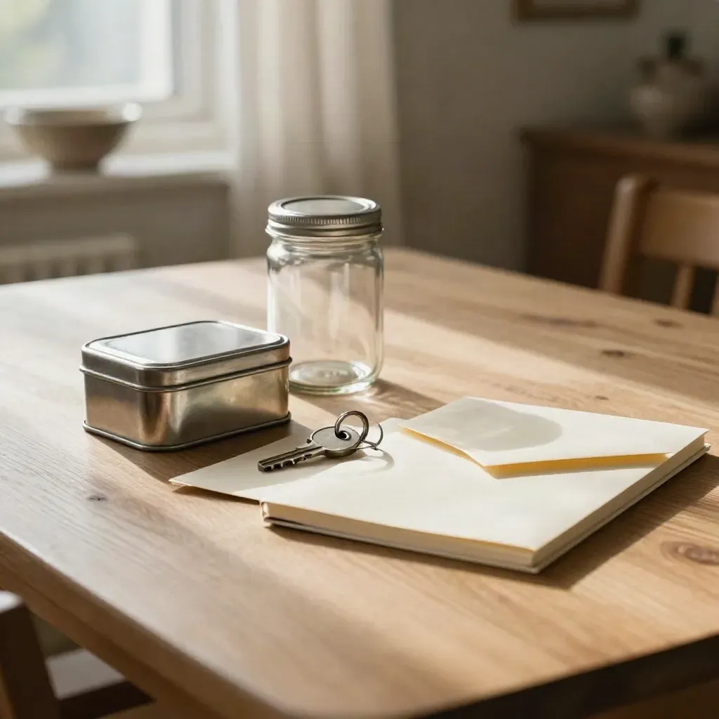 Five finance planning objects crossed on a breakfast table in soft morning light.
