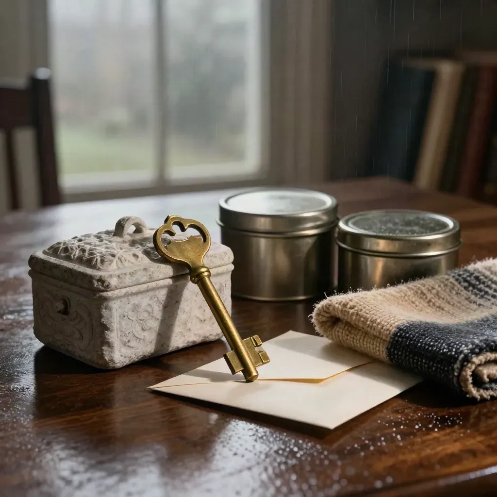 Brass key, stone money box and archive tins in a misty heritage study at dawn.