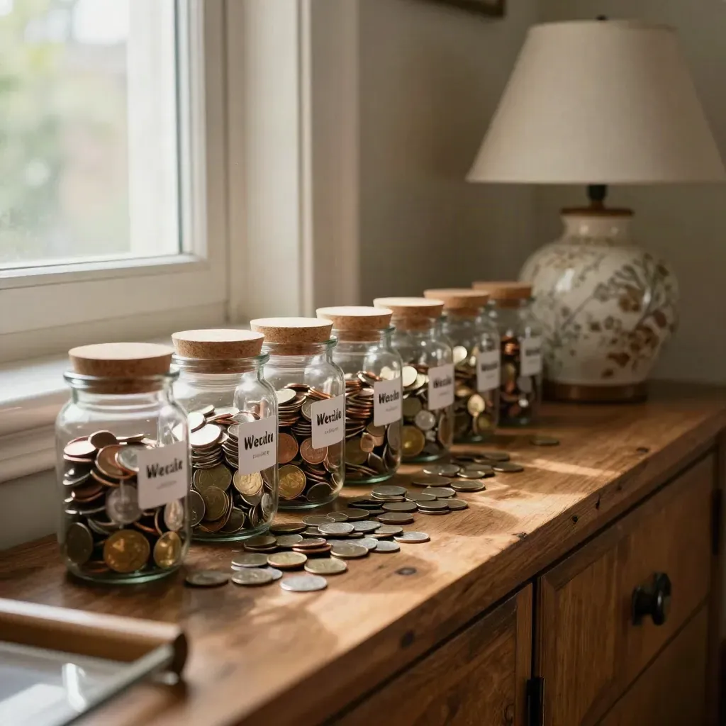 Savings jars and coins on a sideboard by an unlit lamp in warm late-afternoon light.