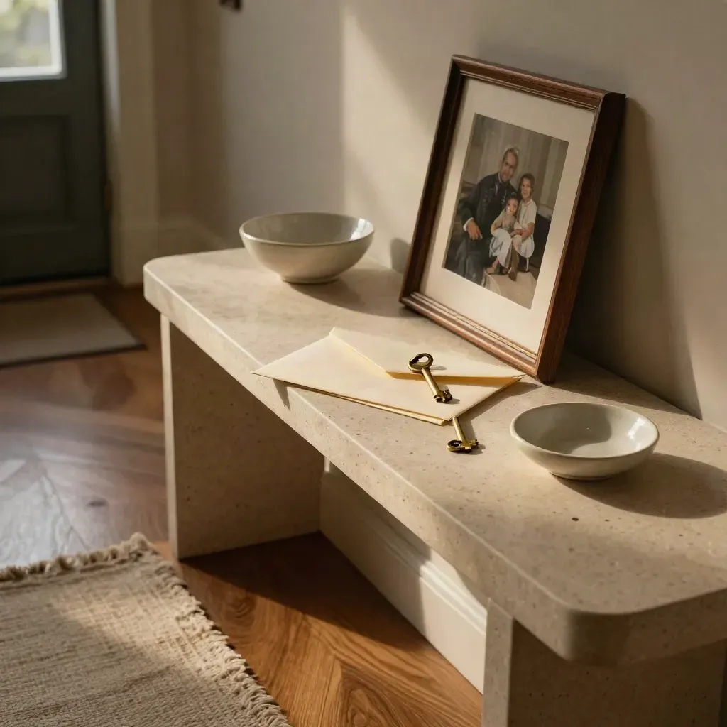 Hallway console with sealed envelope, brass key, ceramic ring dish, and blurred family photo at dusk