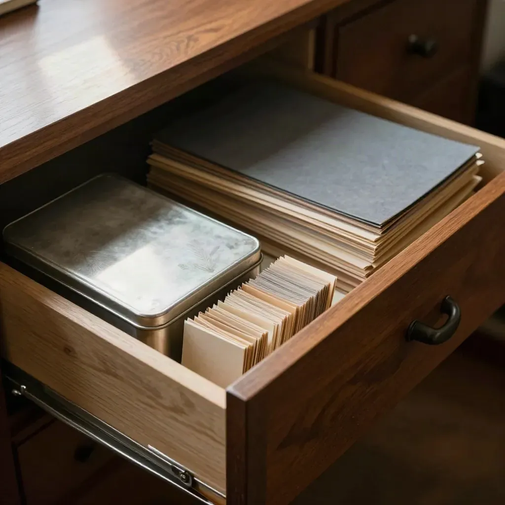 Half-open drawer with silver pension tins and archive folders in cool morning haze.