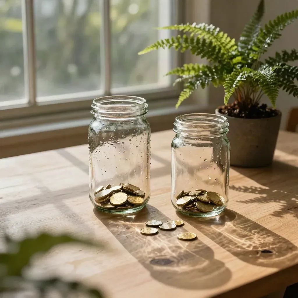 Two glass jars and a small fern on a sunlit conservatory table with diagonal shadows.
