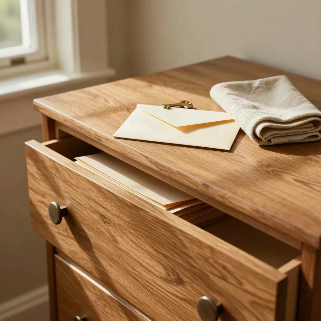 Warm oak drawers with sealed estate envelope, brass key and folded wool cloth in window light.