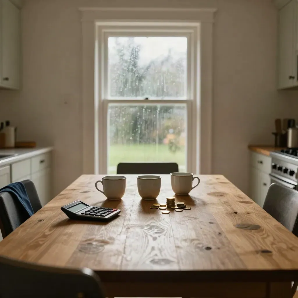 Warm kitchen table with cups, face-down calculator, and coin piles by rain-streaked window.