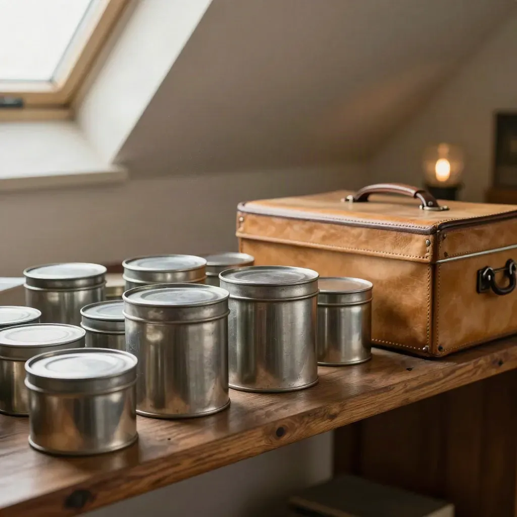 Dusty shelf of metal tins and a leather box in a spare room, lit by late-afternoon window light.