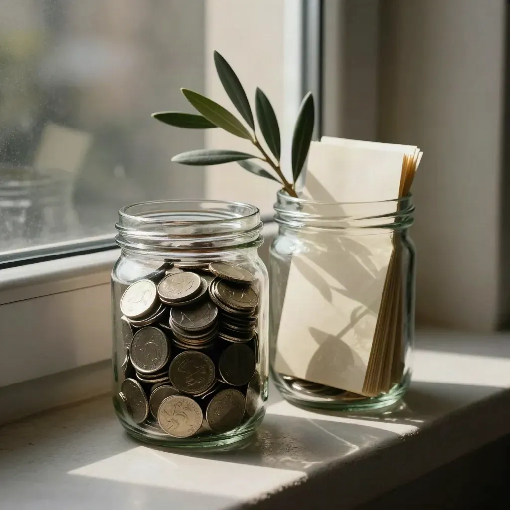 Overlapping jars of coins and folded cream slips beside a small plant on a stone windowsill.