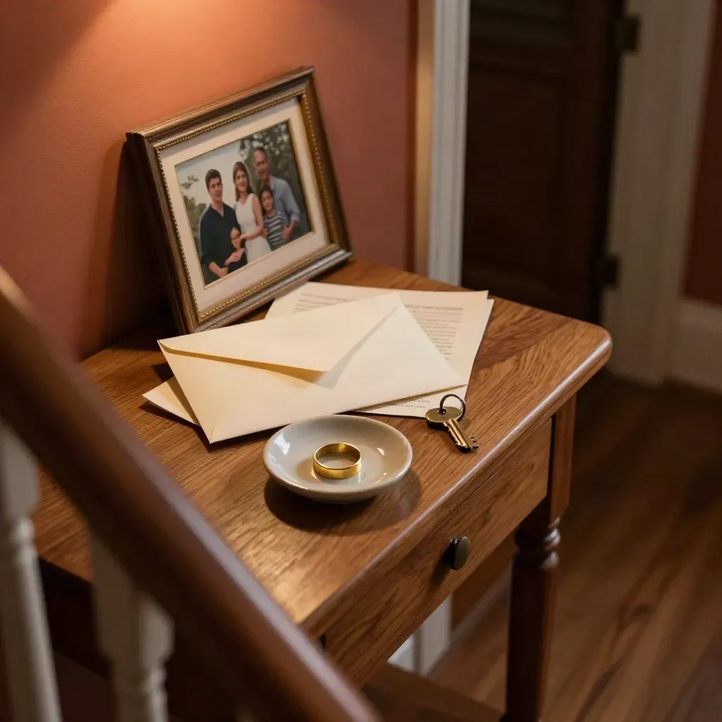 Hallway table with envelope, ring dish, key and blurred family photo, seen from staircase