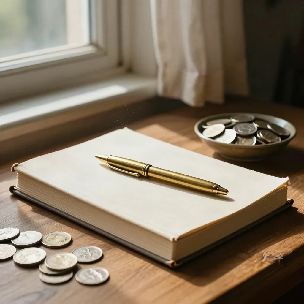 Spring desk by an open window with a closed ledger, brass pen and coin bowl in soft daylight.