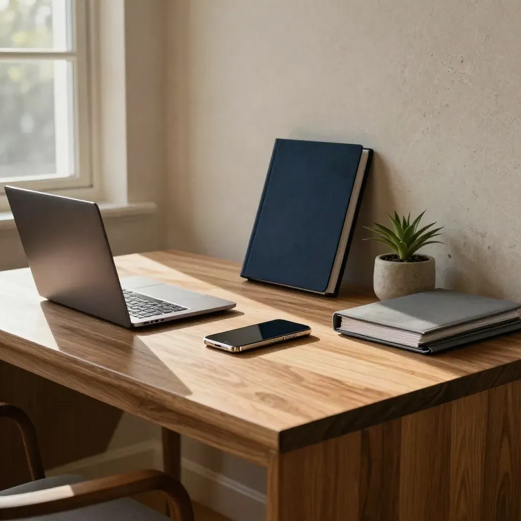 Home-study desk with closed laptop, phone, ledger box and plant in warm window light