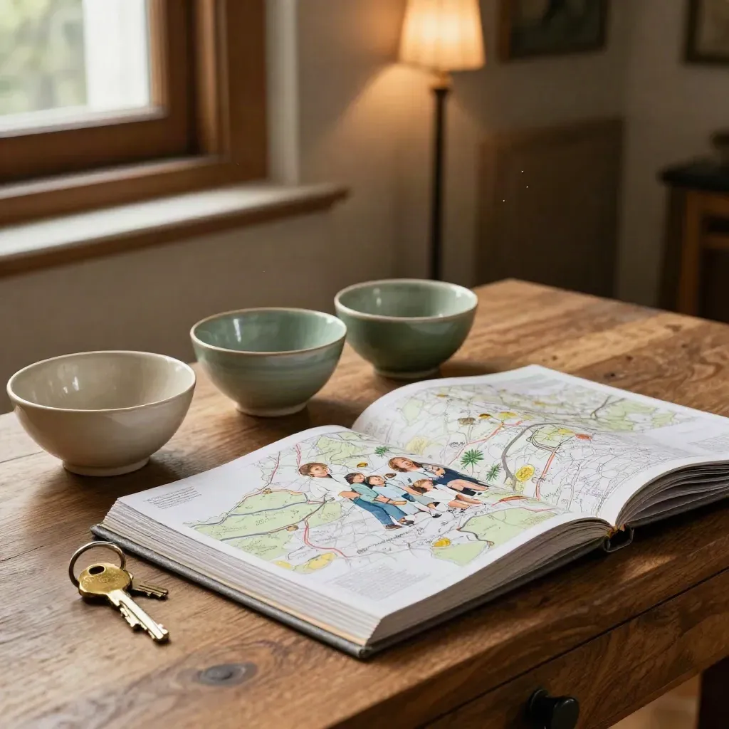 Ceramic bowls, key ring and folded family album on an oak console in warm late-afternoon light.