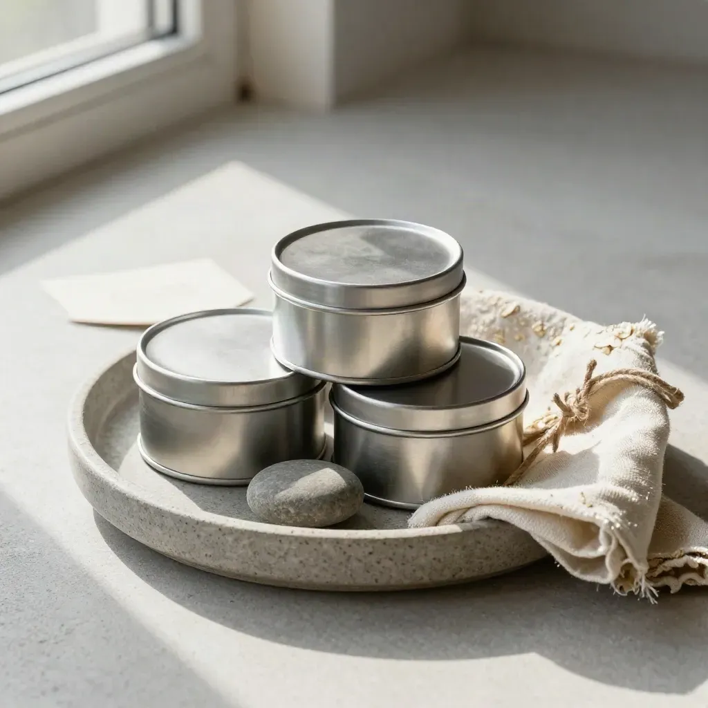 Brushed-silver tins in a stone tray with twine, stone, and folded cloth on concrete.
