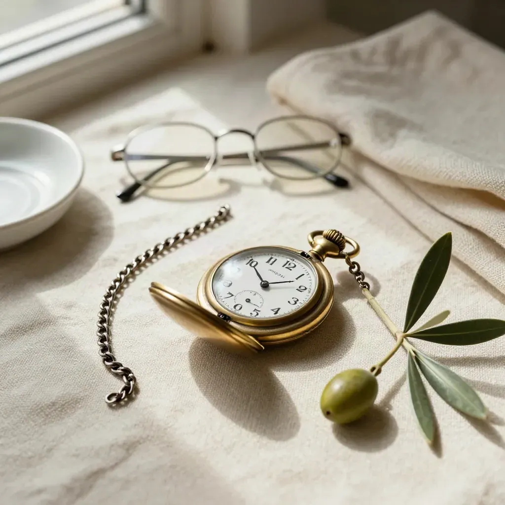Brass pocket watch, folded glasses, olive branch on linen in soft window light.