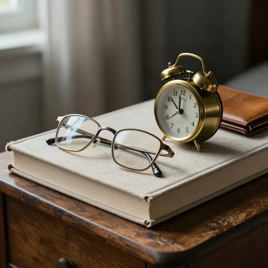 Bedside table with closed book, reading glasses and brass clock in cool evening light.