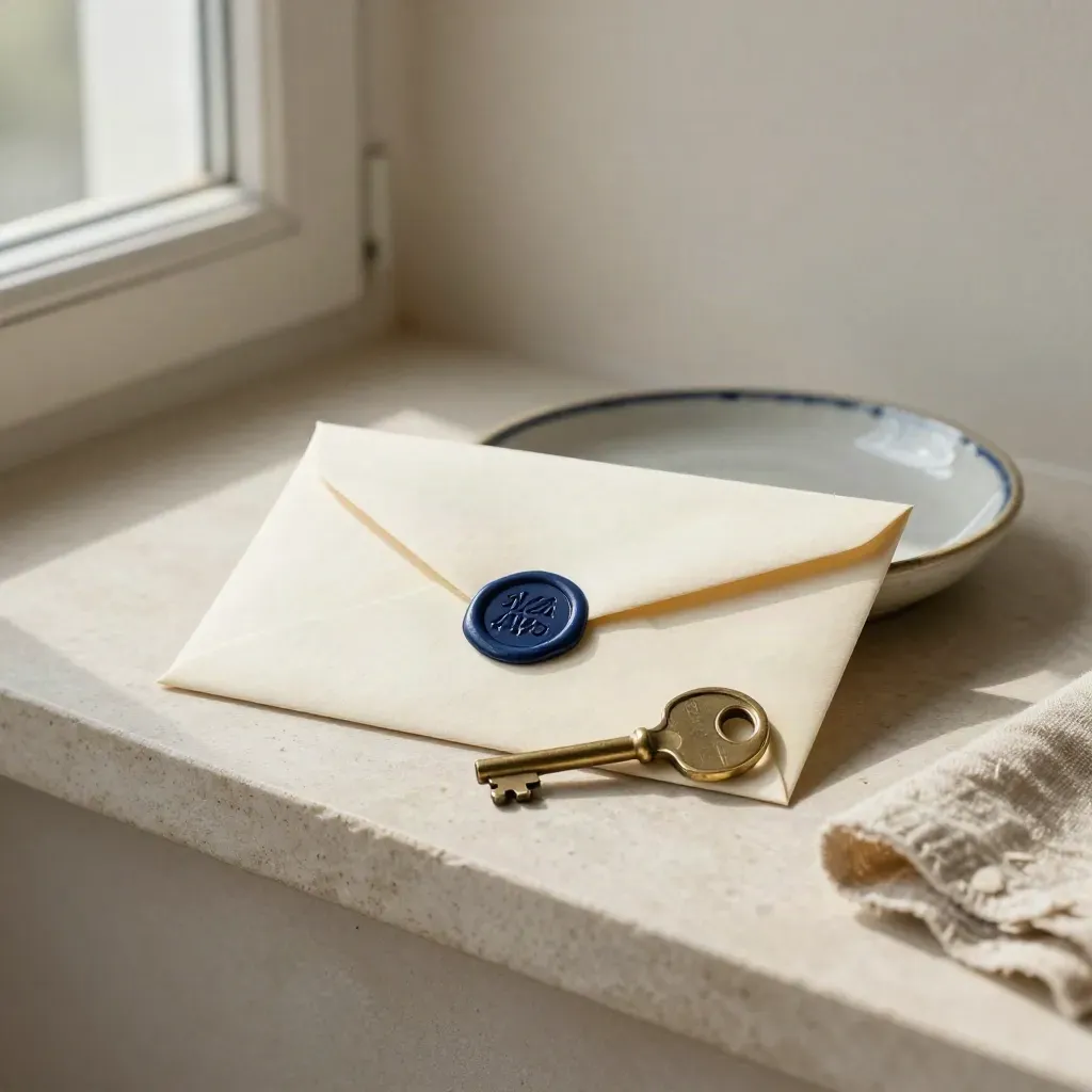 Envelope, house key and ceramic dish on a stone ledge in soft window light.