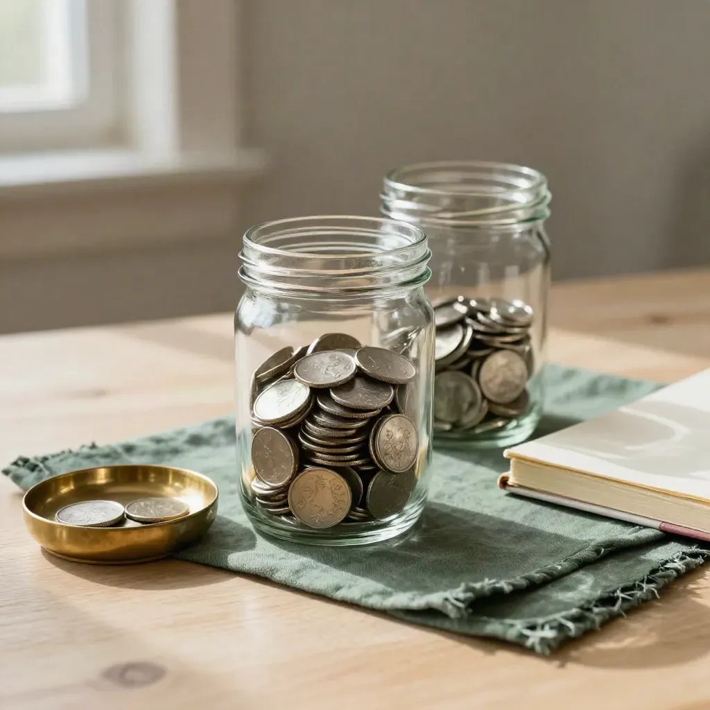 Glass jars and brass coin dish beside a cream notebook on pale oak with a muted green accent.