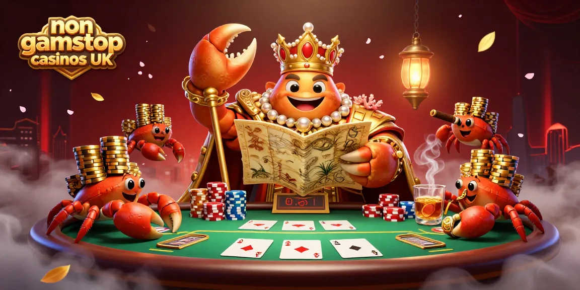 Engage with top-rated non gamstop casinos UK featuring a golden crab emperor amidst poker elements.